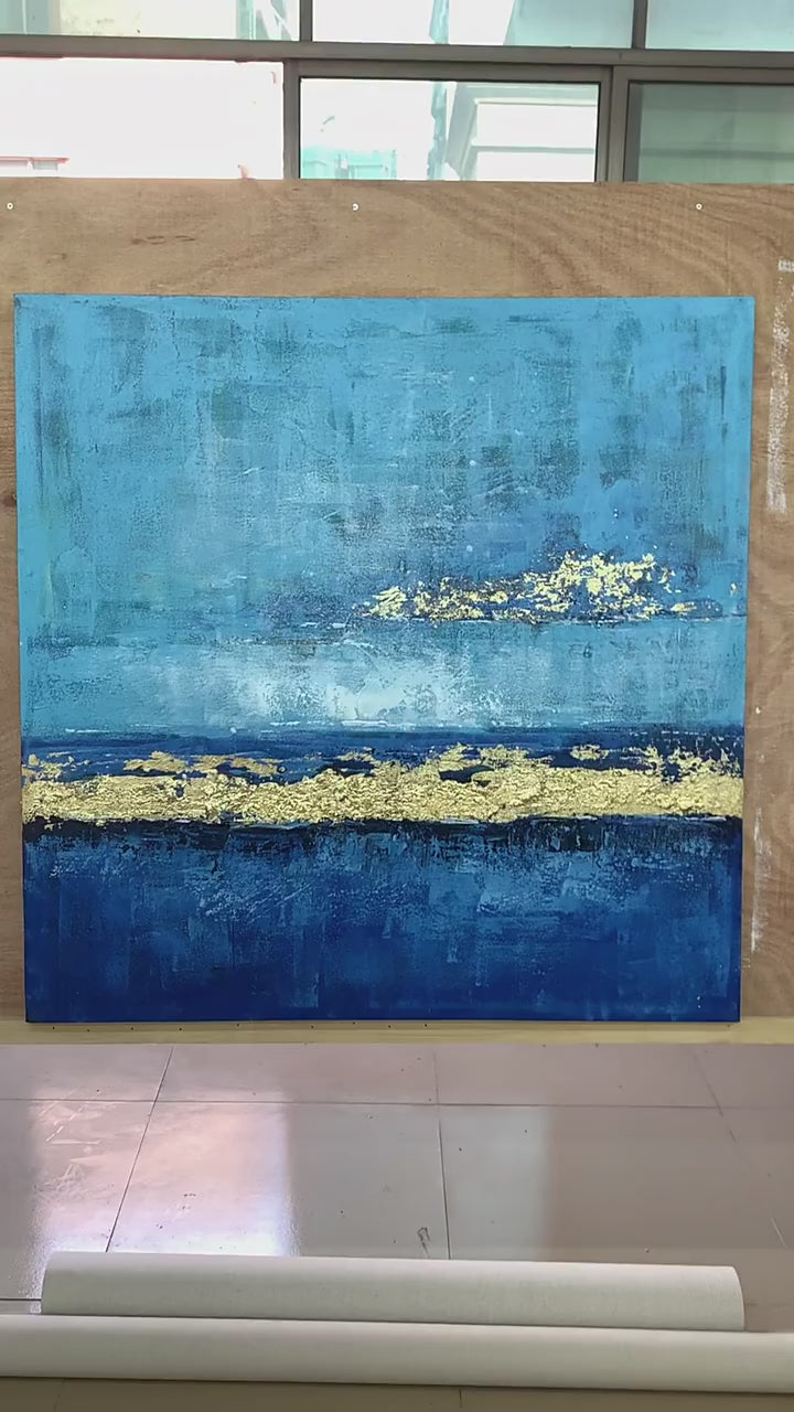 Blue and gold foil painting, blue and gold abstract painting, Noho Art Gallery