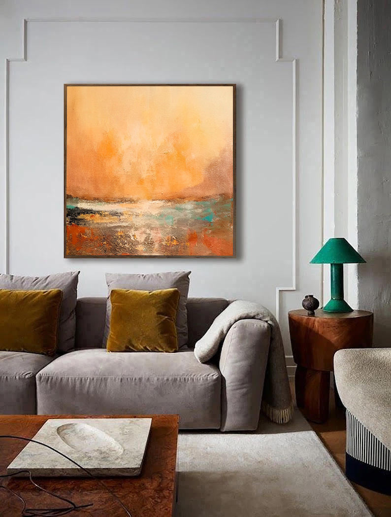 Sunny - Large Green and Orange Sunset Painting on Canvas