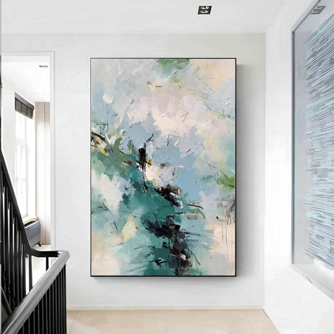 Inspire - Large White, Blue and Green Abstract Painting on Canvas