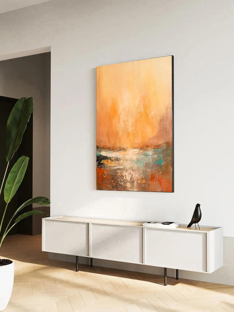 Sunny - Large Green and Orange Sunset Painting on Canvas