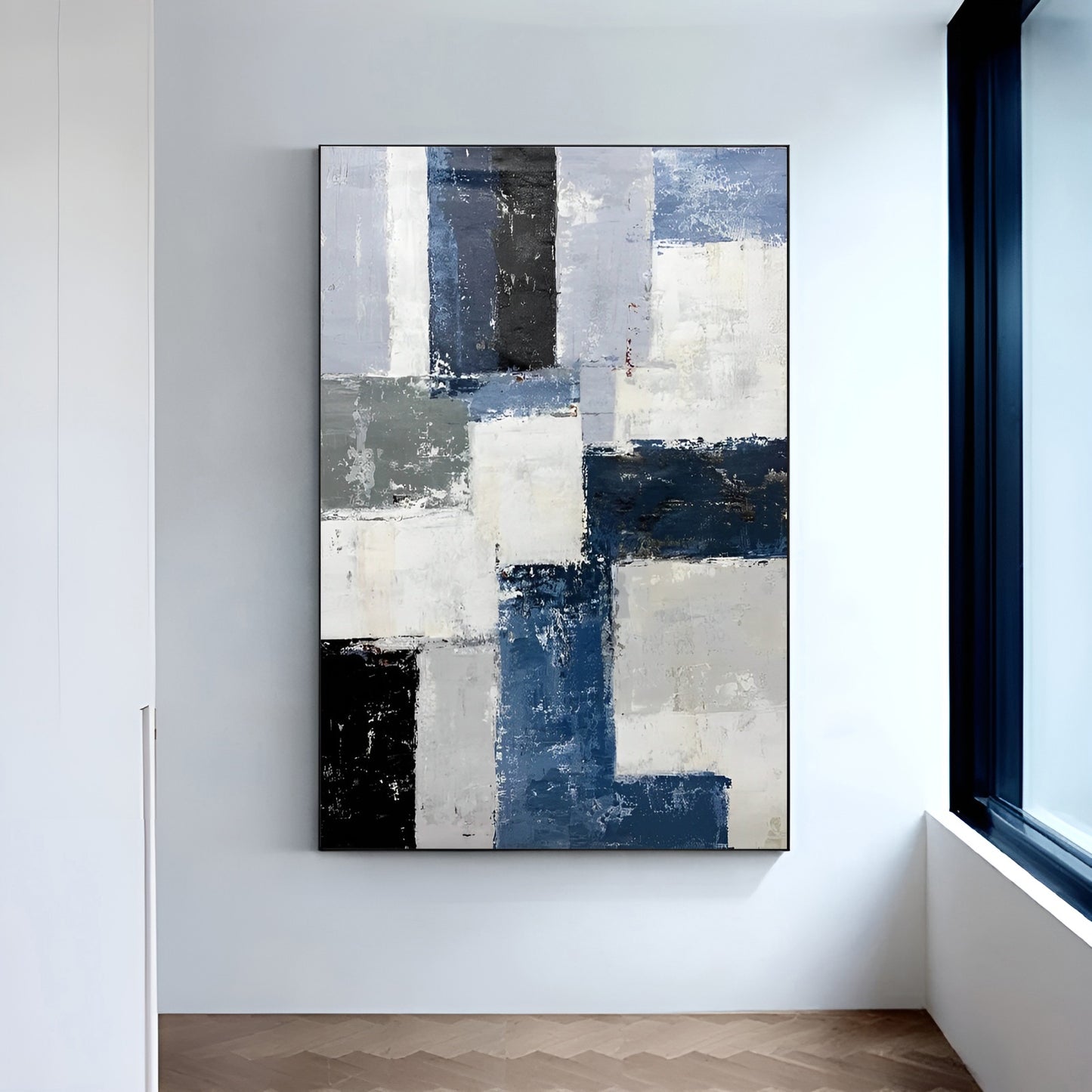 Chemain - Large Grey and Blue Abstract Painting on Canvas