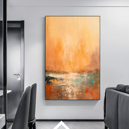 Sunny - Grand tableau sur toile représentant un coucher de soleil vert et orange