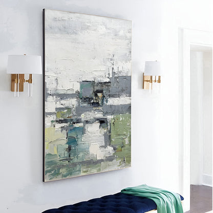 Landgreen - Large White and Green Abstract Painting on Canvas