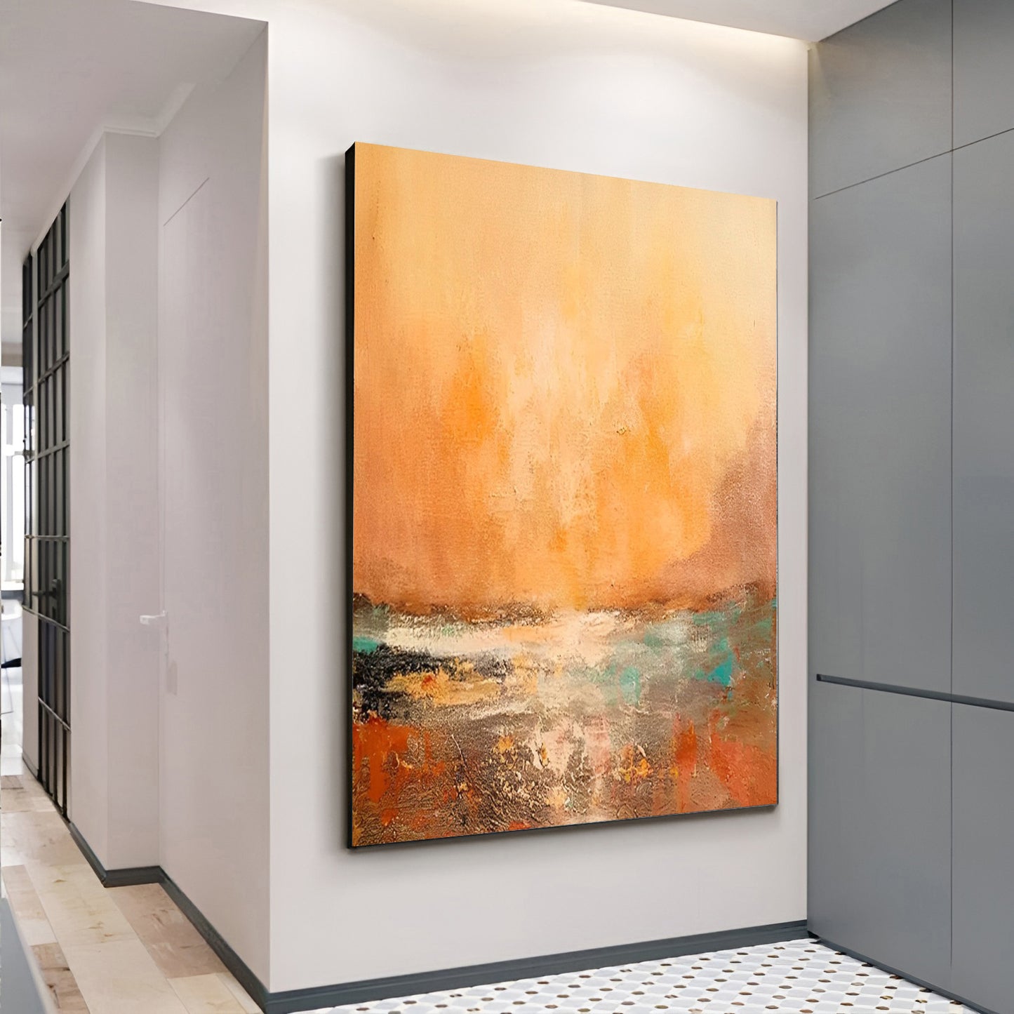 Sunny - Large Green and Orange Sunset Painting on Canvas