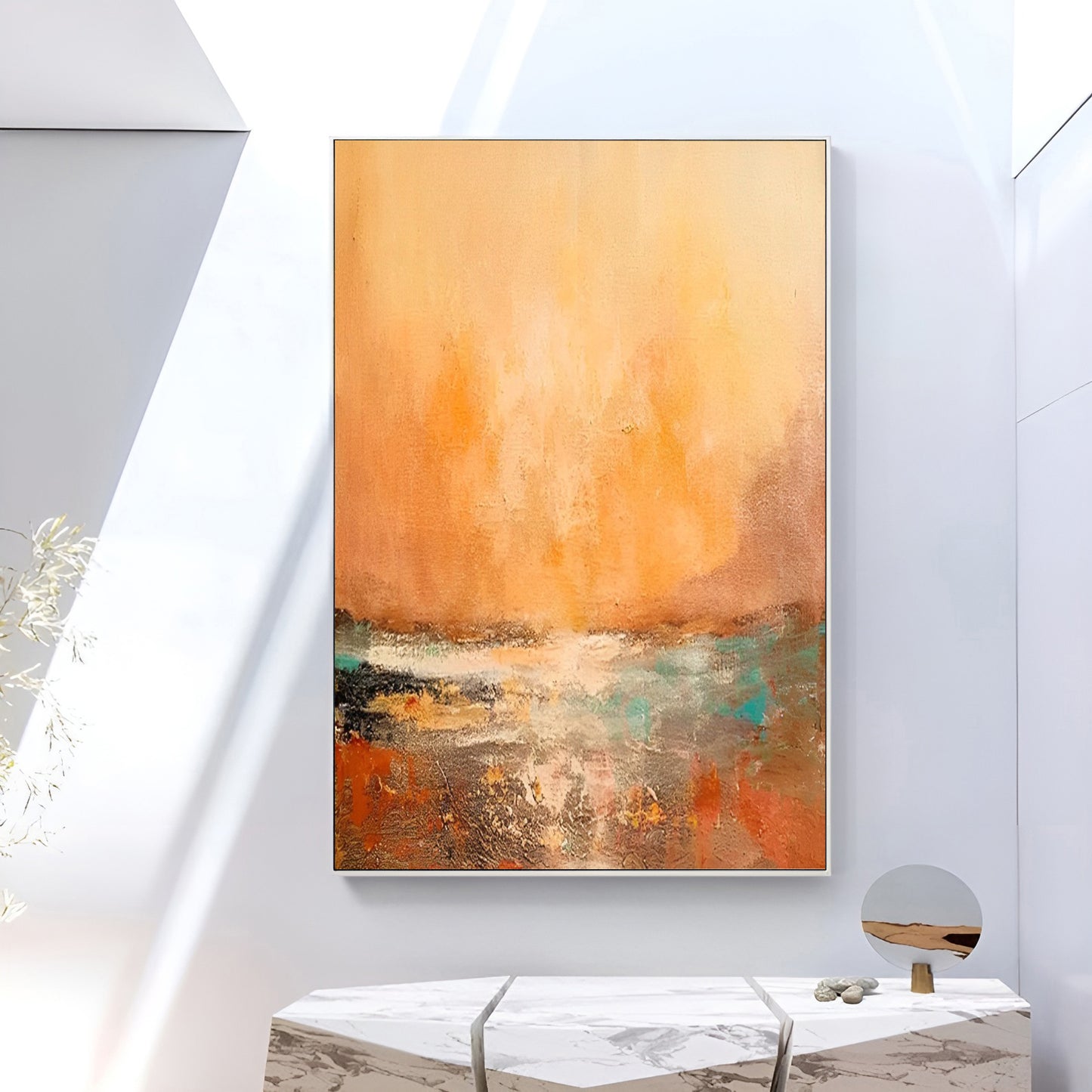 Sunny - Grand tableau sur toile représentant un coucher de soleil vert et orange