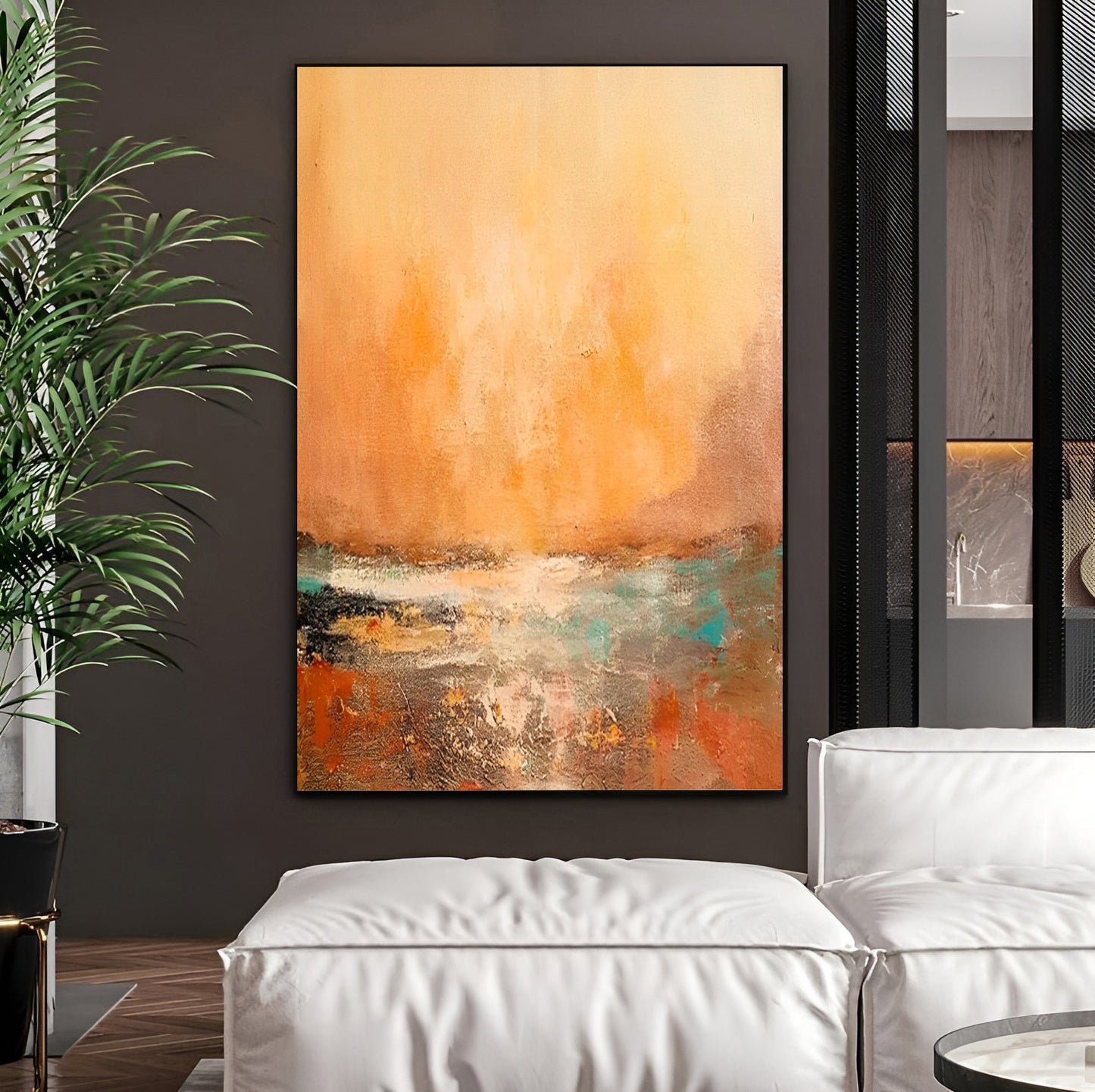 Sunny - Large Green and Orange Sunset Painting on Canvas