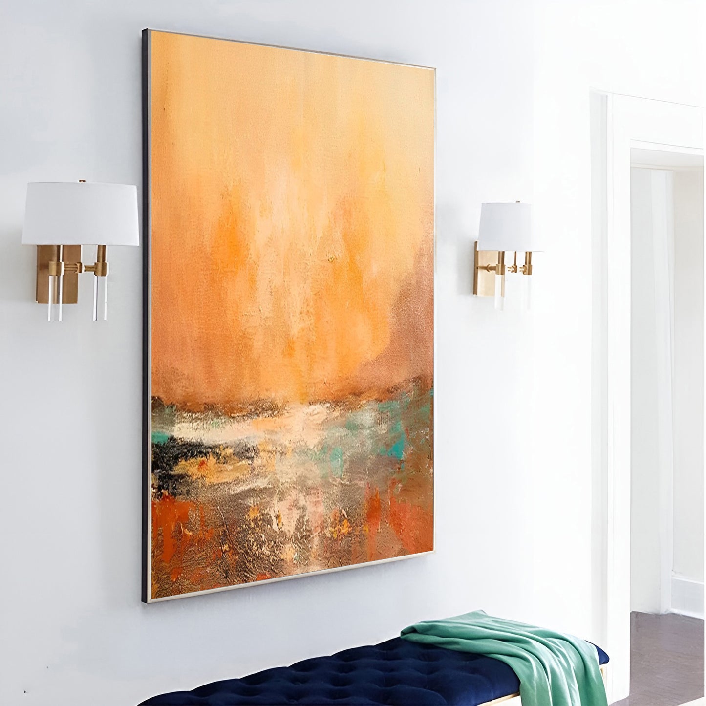 Sunny - Grand tableau sur toile représentant un coucher de soleil vert et orange