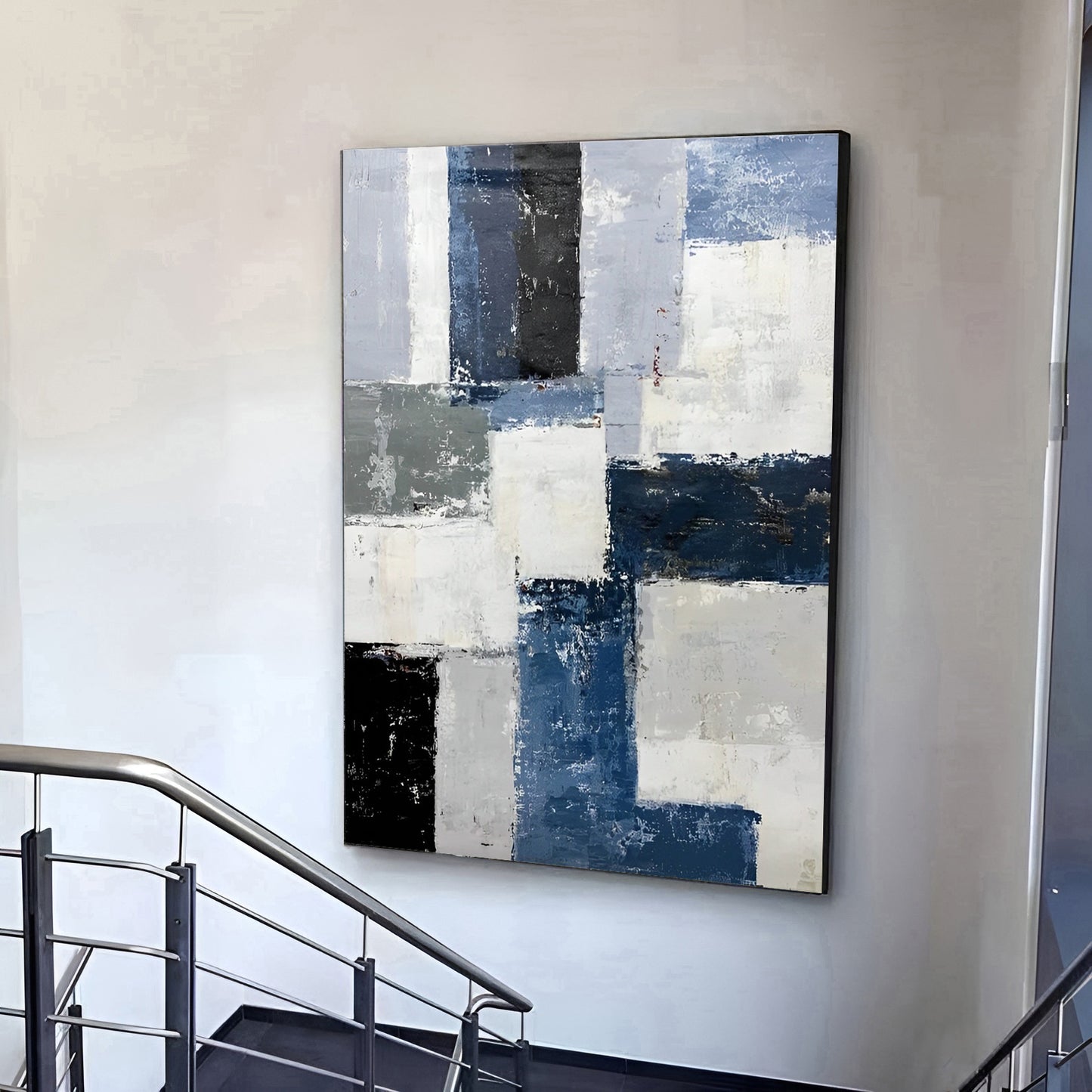 Chemain - Large Grey and Blue Abstract Painting on Canvas