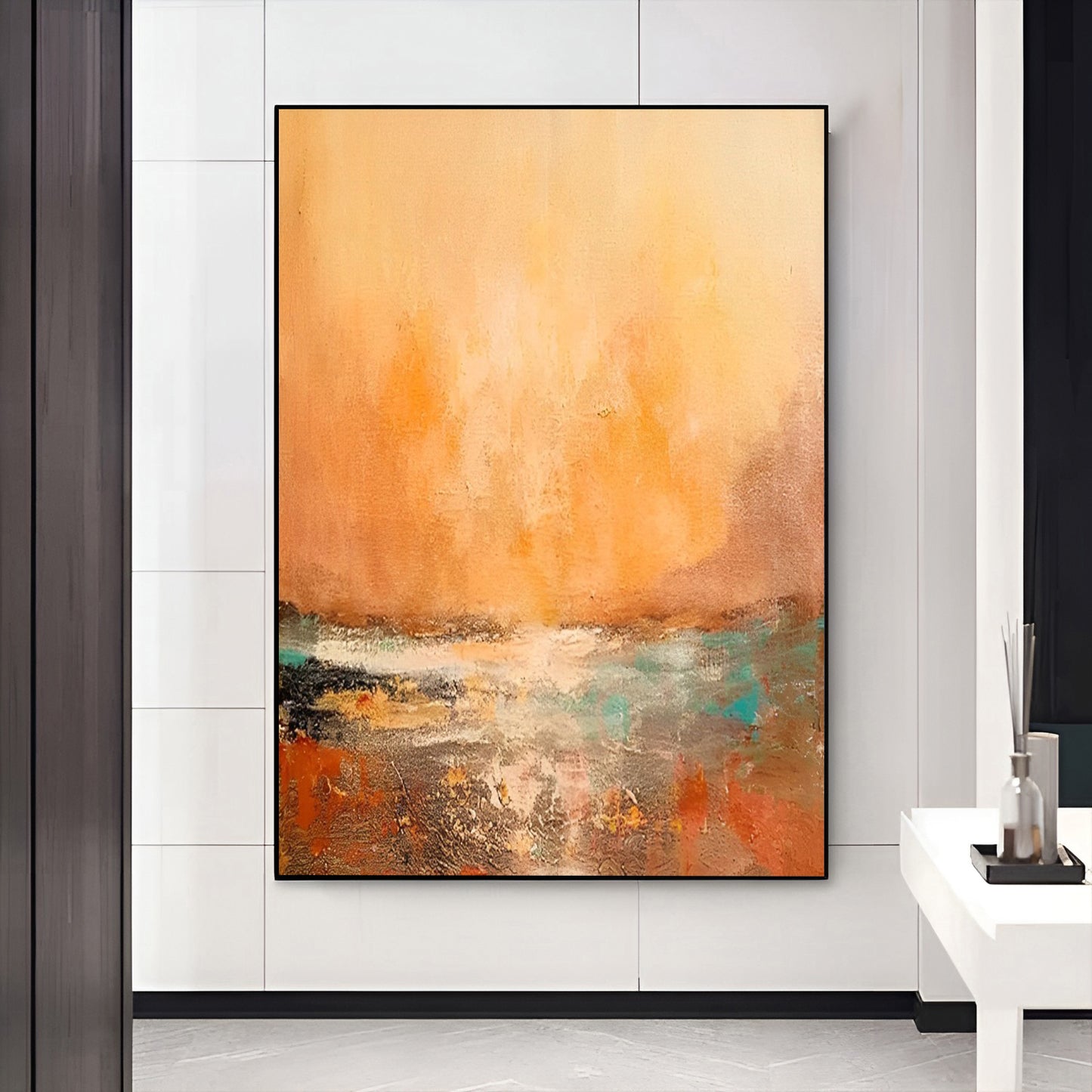 Sunny - Grand tableau sur toile représentant un coucher de soleil vert et orange