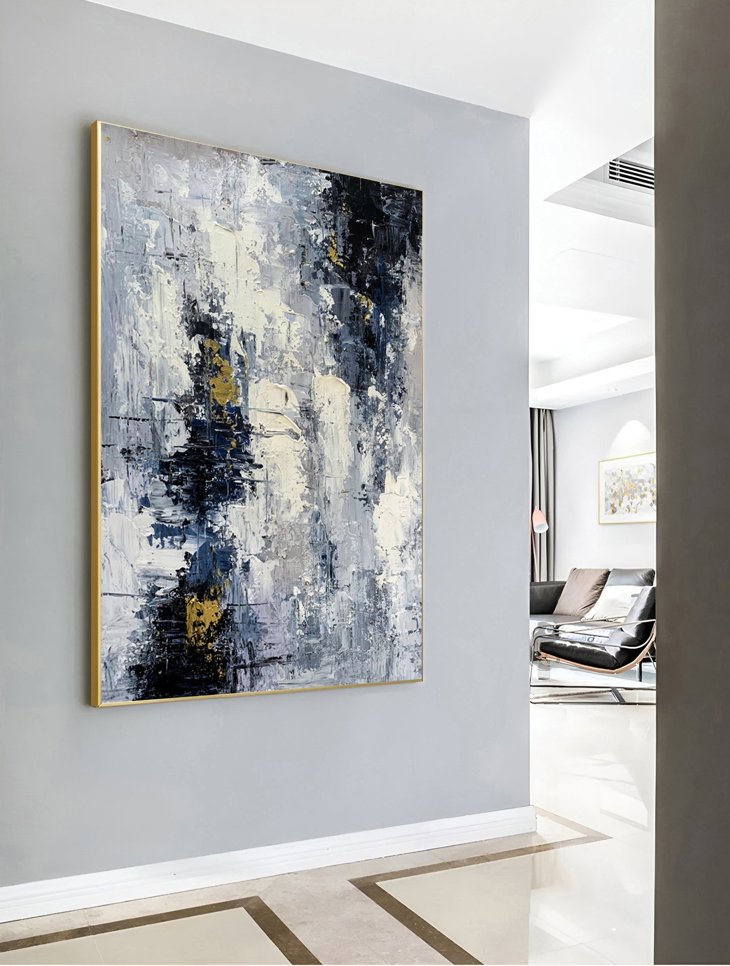 Modish - Peinture sur toile extra large bleu foncé et blanc