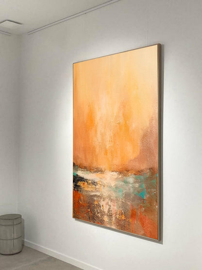 Sunny - Grand tableau sur toile représentant un coucher de soleil vert et orange