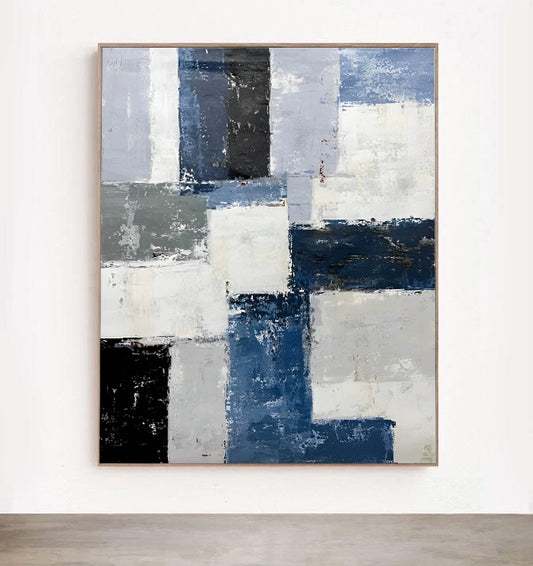 Chemin - Grand tableau abstrait gris et bleu sur toile