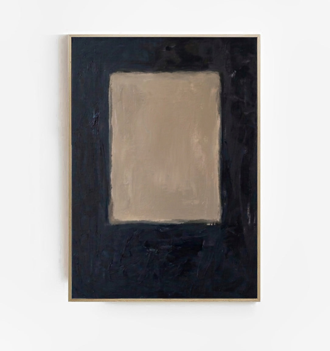 Large Minimalist Abstract Canvas Art, neutral textured wall decor by Noho Art Gallery with a beige square on a black background