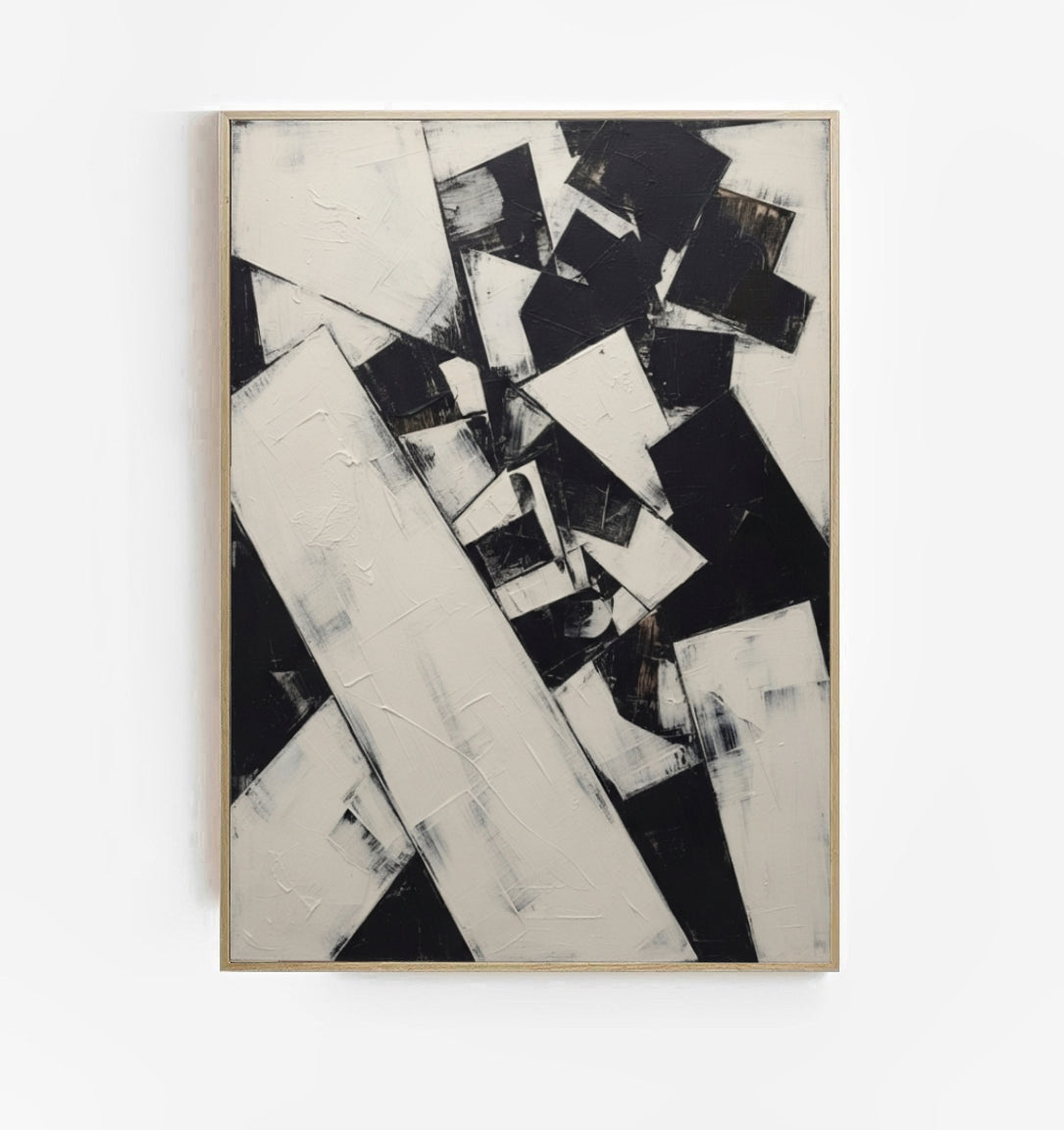 Original Black and White Abstract Painting by Noho Art Gallery with thick textured brushstrokes, enclosed in a thin light wood frame and displayed against a clean white wall.