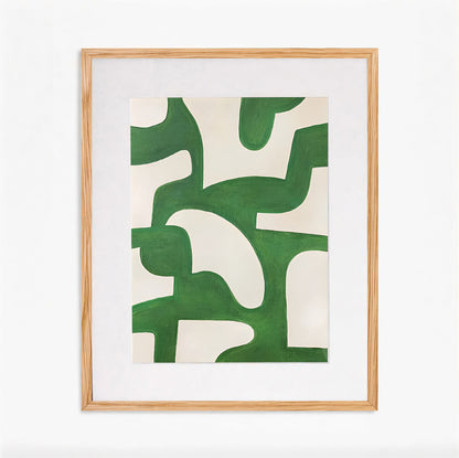 Framed abstract art print with green and white shapes on a white background
